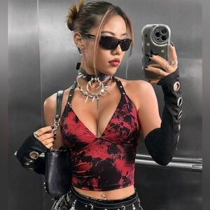 NWT Punk Tie Dye Red Black Backless Studded Leather Strap Halter Top Size Large